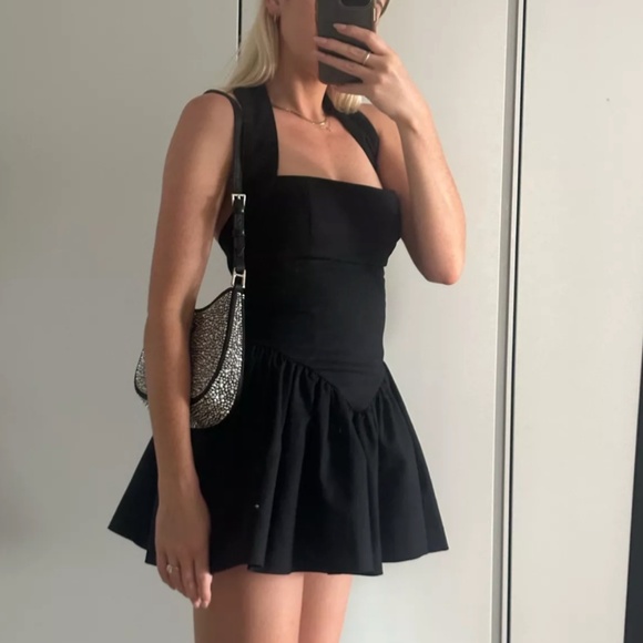 HELSA Faille Halter Mini Dress - Black Cotton - Picture 4 of 7